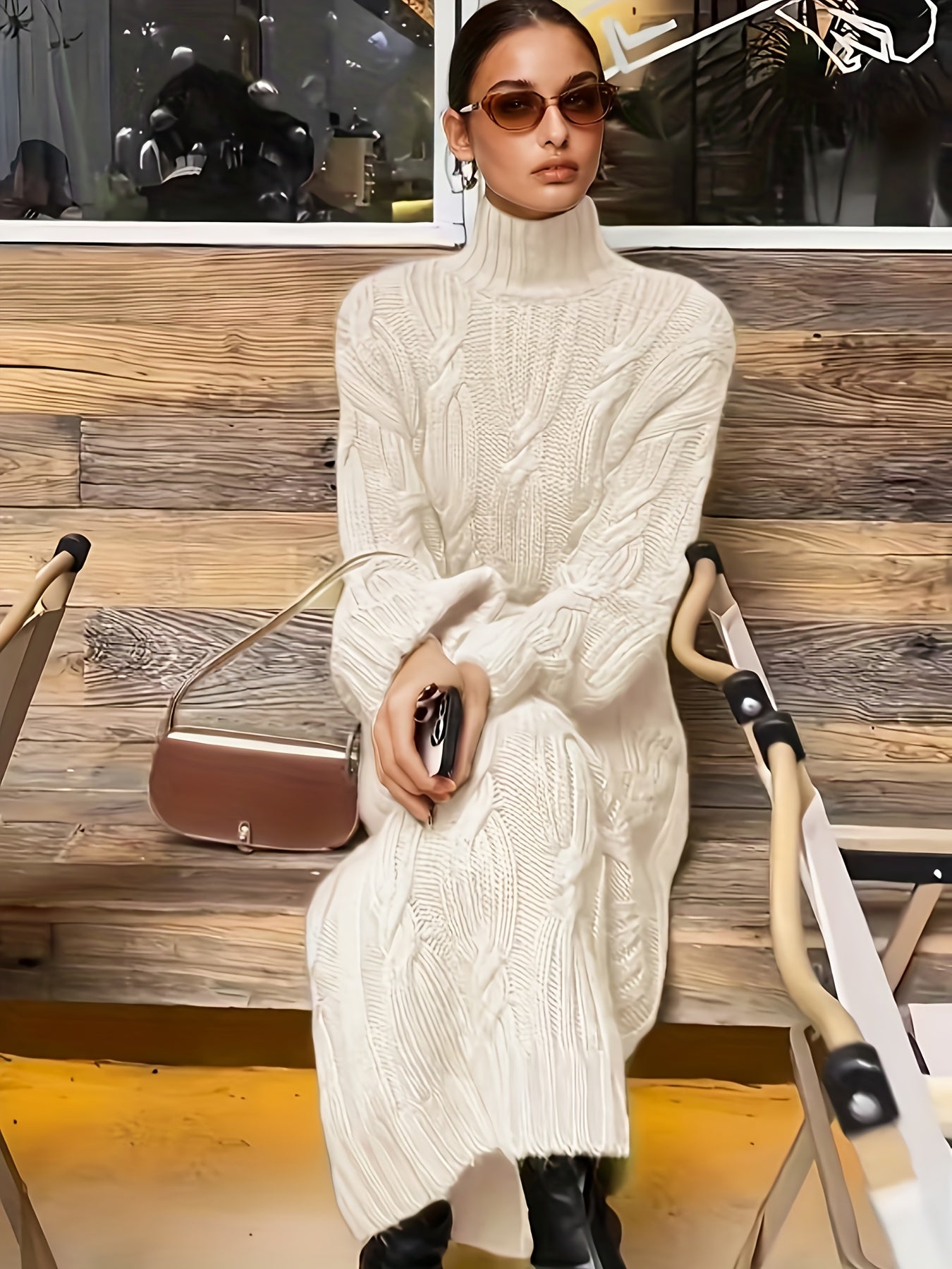 Vintage Drawstring High Neck Long Sleeve Fabric Dress