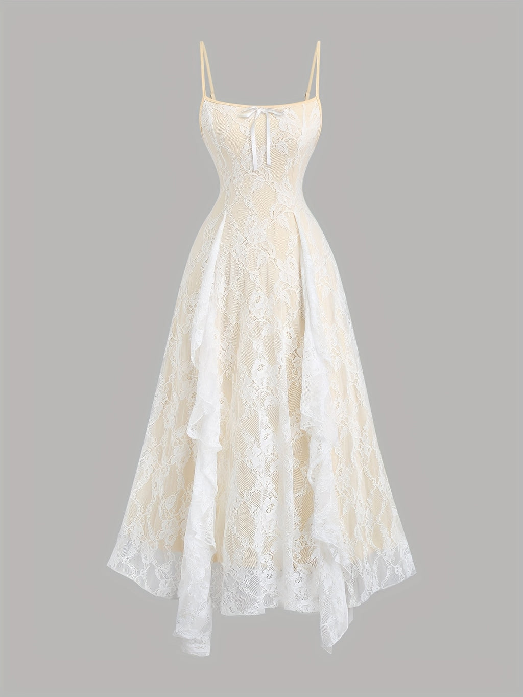 Elegant Off-Shoulder Lace Dress with Ruffle Detail and Bow Accent