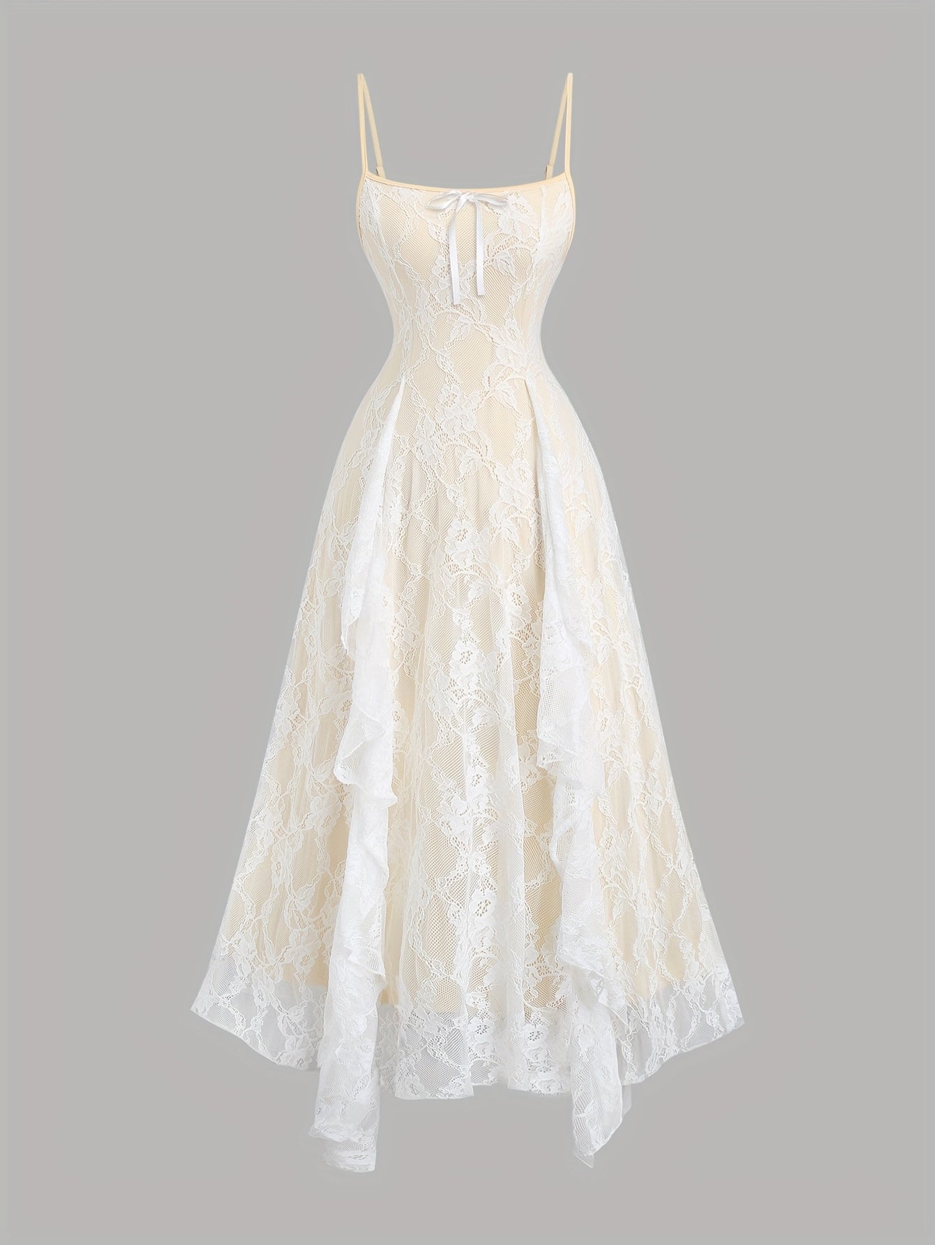 Elegant Off-Shoulder Lace Dress with Ruffle Detail and Bow Accent