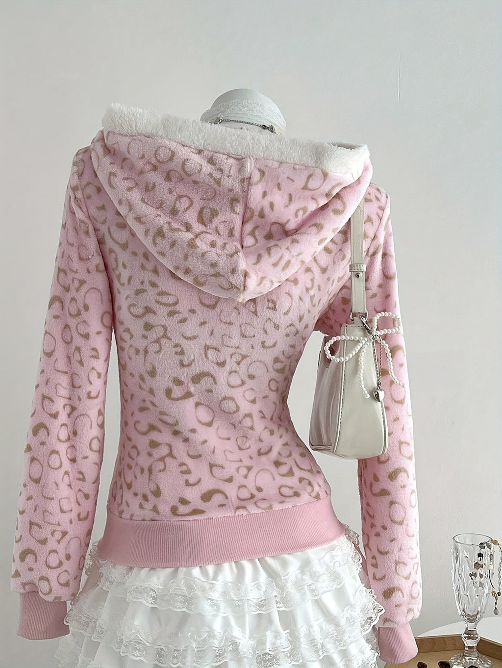 1pc Women'S Soft Fleece Hooded Jacket with & Leopard Print - Cozy Winter Warmth, Full-Zip Casual Outerwear, // Animal Pattern, Machine Washable