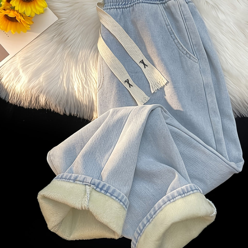 Fleece-Lined Heat-Retaining Slimming Elastic Waist Drawstring Light Blue Jeans