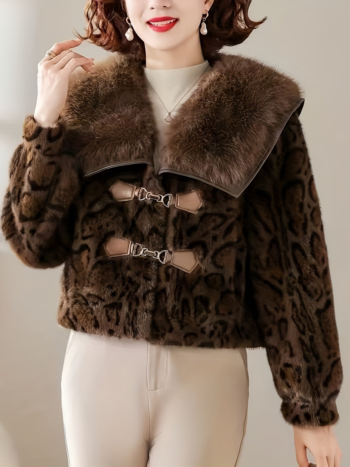 Leopard Print Fur Jacket with Collar & Chest Pockets