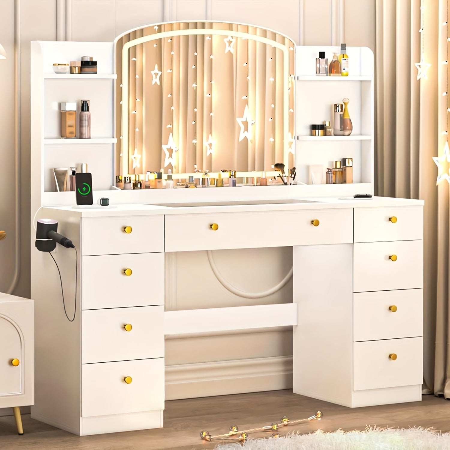 Modern White Makeup Vanity Desk with Large LED Mirror & Charging Station