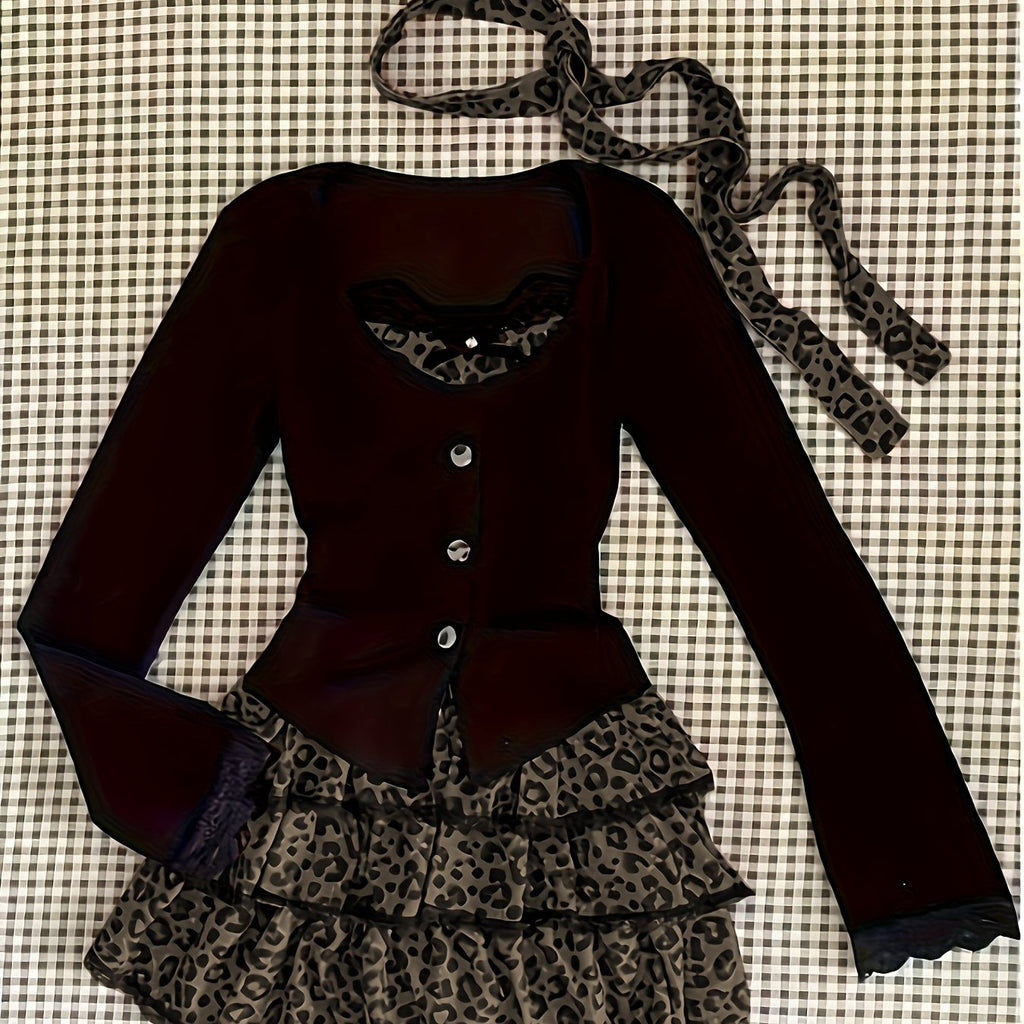 Leopard Print - Two-Piece Set: Crop Top + High-Waisted Flared Skirt - Sexy Mini Dress with Faux Two-Tone Design