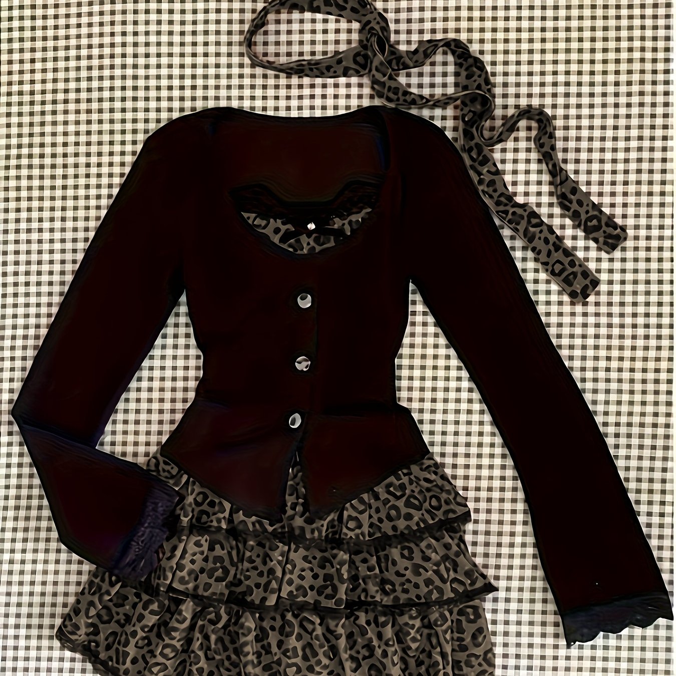 Leopard Print - Two-Piece Set: Crop Top + High-Waisted Flared Skirt - Sexy Mini Dress with Faux Two-Tone Design