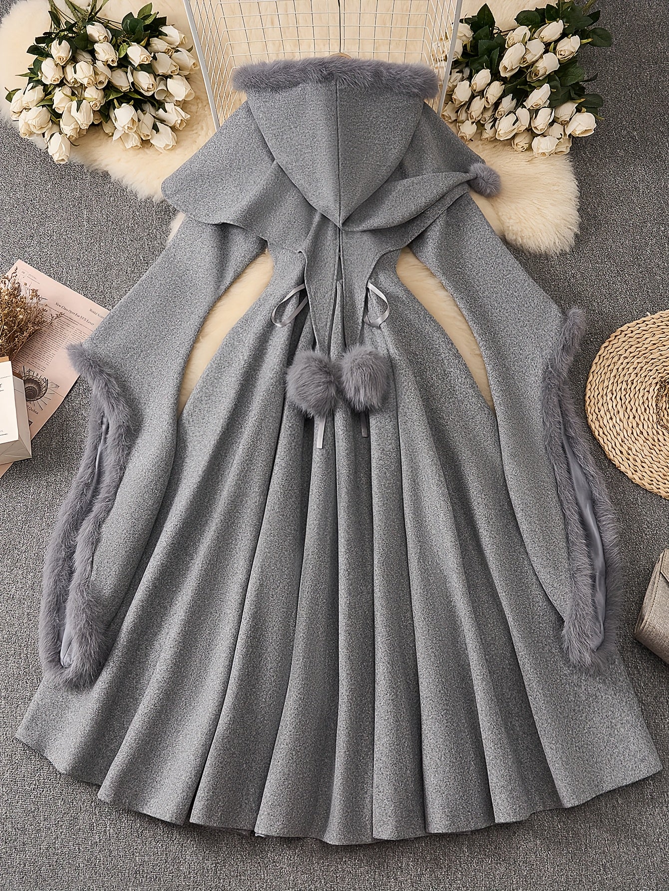 Winter Coat & Dress Set with Faux Fur Collar & Waist-Cinching Belt