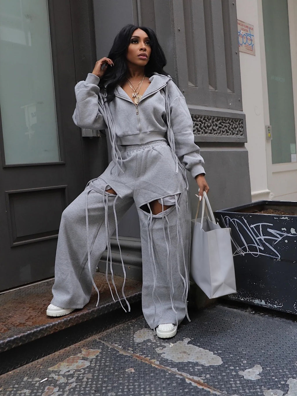 Hooded Zipper Sweatshirt Wide-Leg Hole Two-Piece Suit