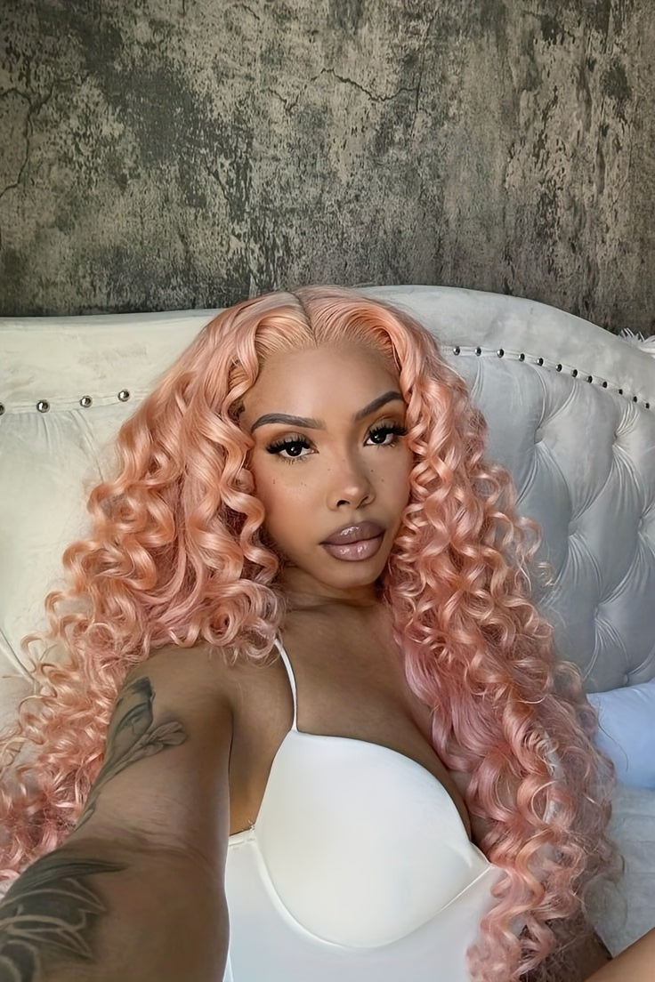 13x4 Pink Wigs Deep Wave Curly Wave Lace Front Wigs HD Lace Glueless Lace Front Wig Pre Plucked Heat Resistant Fiber Wig For Fashion Women Girls Party Vacation Daily Used Valentine'S Day 28inch