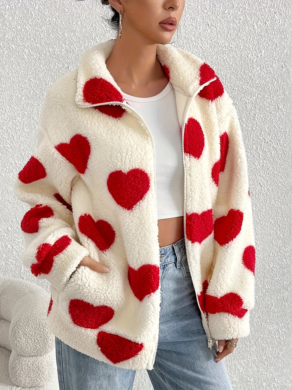 Plush Heart Print Cardigan Sweater Coat