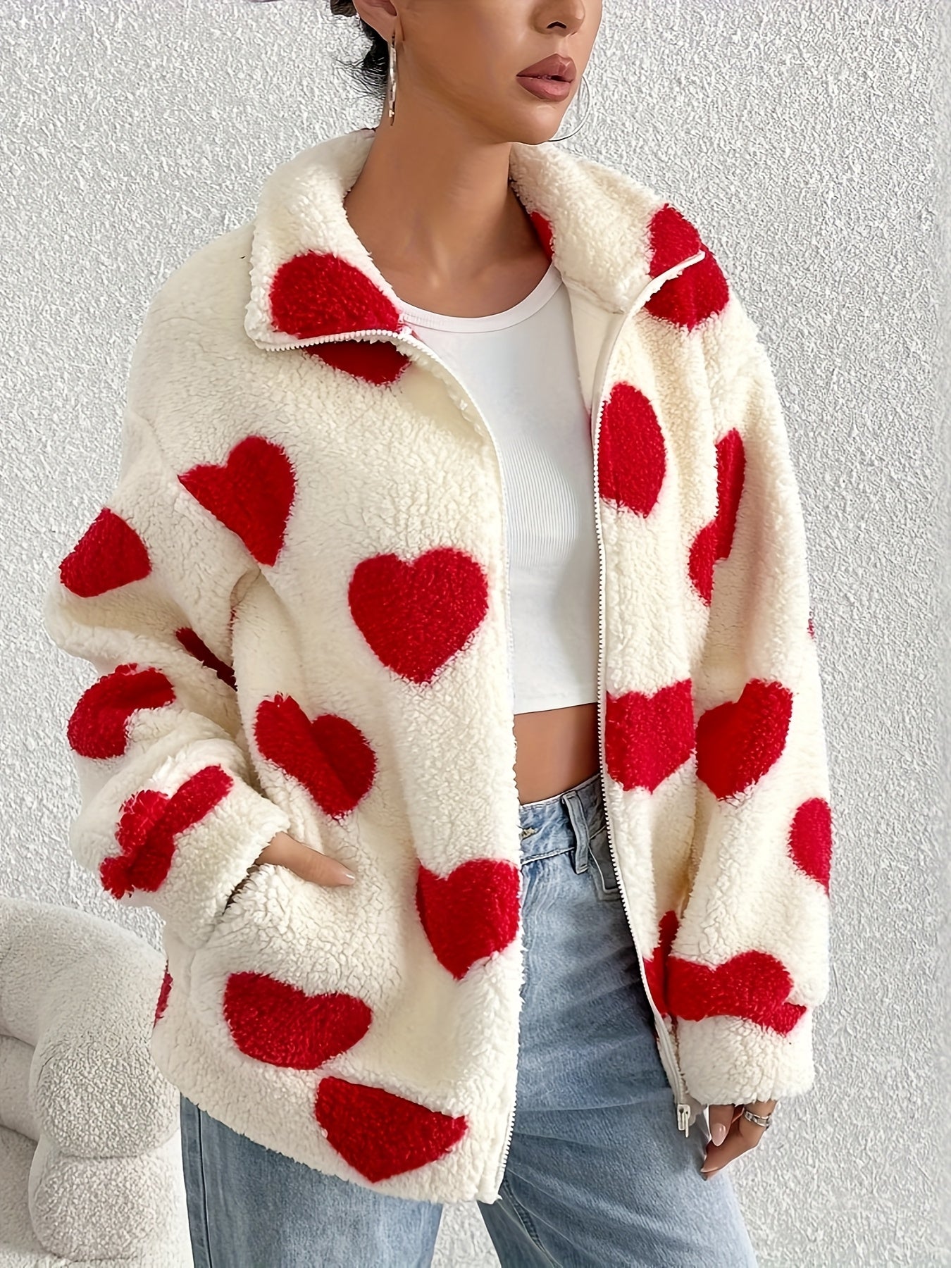 Plush Heart Print Cardigan Sweater Coat