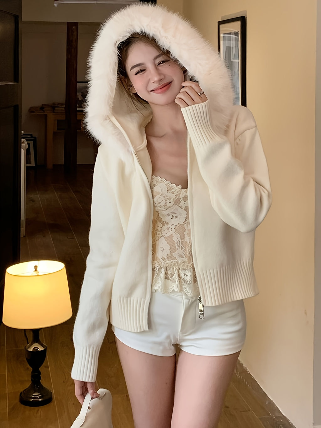 Hooded Zip-Up Cardigan with Faux Fur Trim