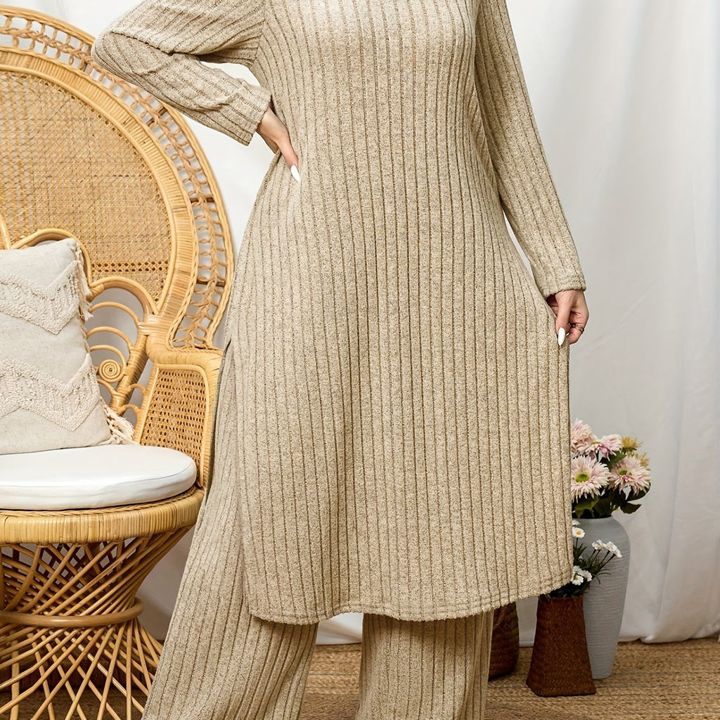 High Neck Ribbed Top + Pants Casual Set