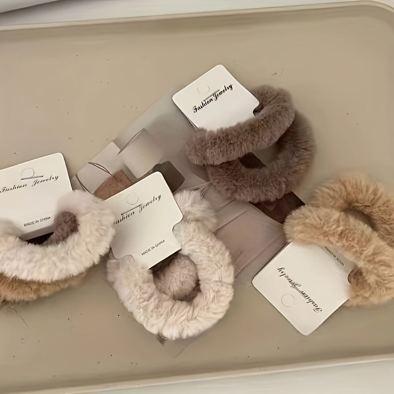 A Set of 6 Plush Hair Ties in a Milk Tea Color Scheme