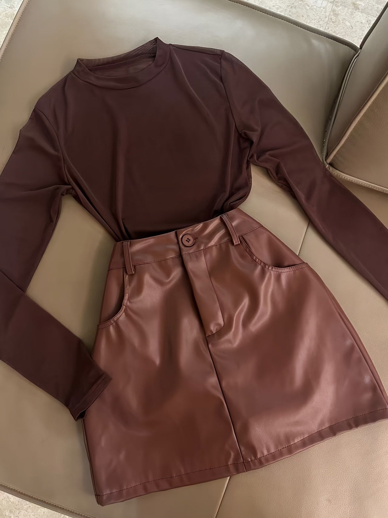 Semi-Sheer Mesh Pullover Long Sleeve T-Shirt + Waist Bag Skirt Set