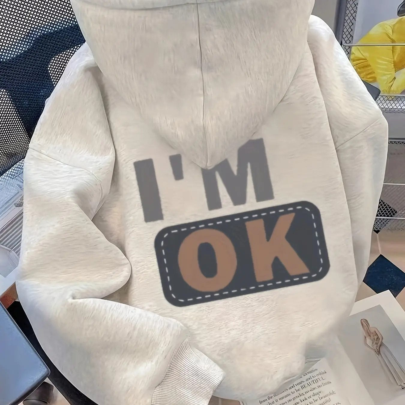 Oversized Hoodie - Light Green Geometric "I'm OK" Patchwork Print