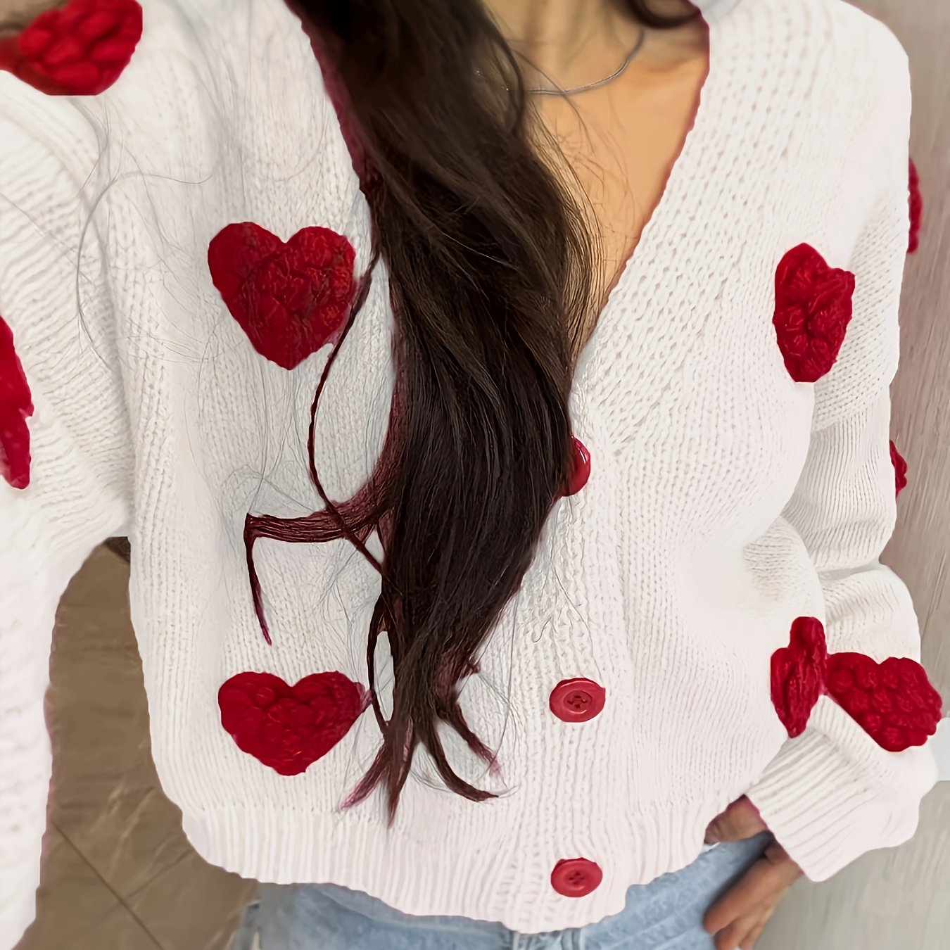 Chic Handmade Heart Pattern V-Neck Cardigan