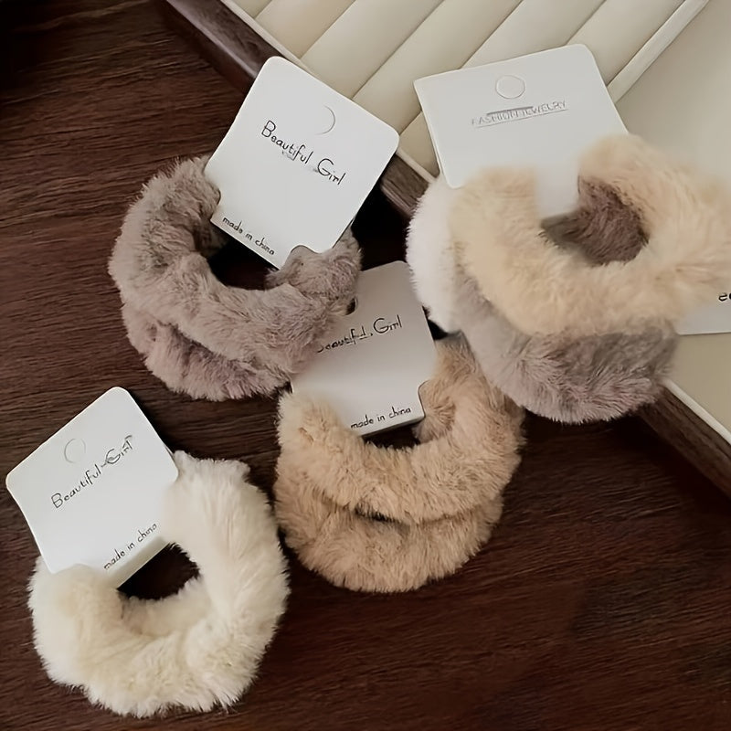 A Set of 6 Plush Hair Ties in a Milk Tea Color Scheme