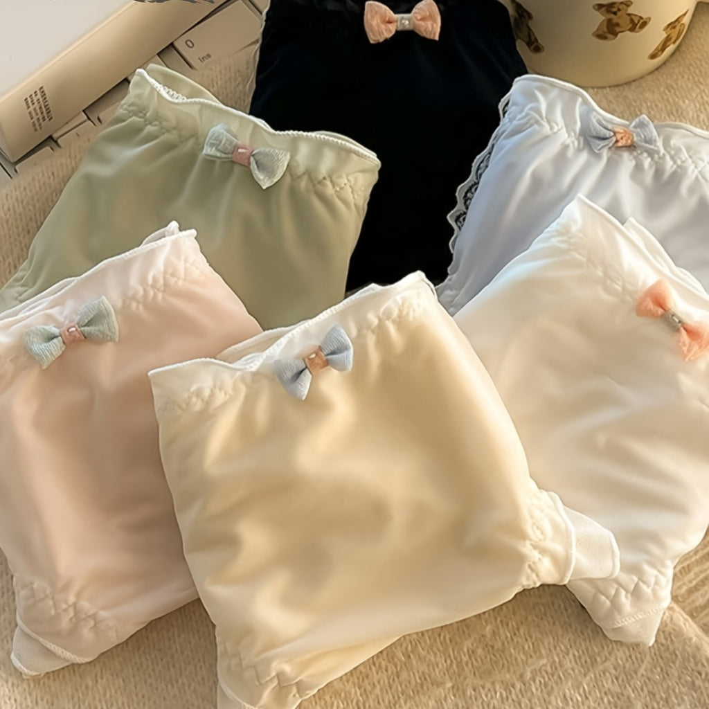 {6pcs} Lace Seamless Breathable, Comfortable, Soft, Light Beige Friendly, Sweet Bow Design Machine Washable Mid Waist Underwear