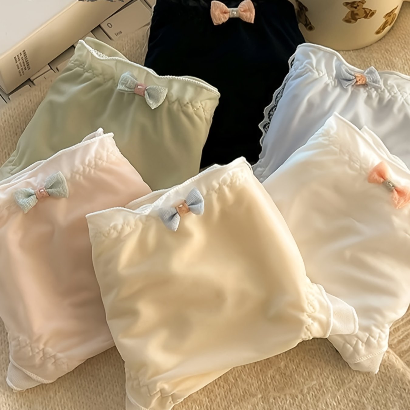 {6pcs} Lace Seamless Breathable, Comfortable, Soft, Light Beige Friendly, Sweet Bow Design Machine Washable Mid Waist Underwear
