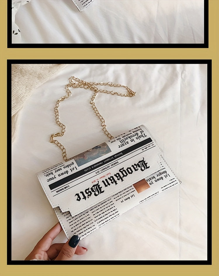 Trendy Chain Crossbody Newspaper Clutch Bag - Women's Envelope Flap Purse For Party Prom