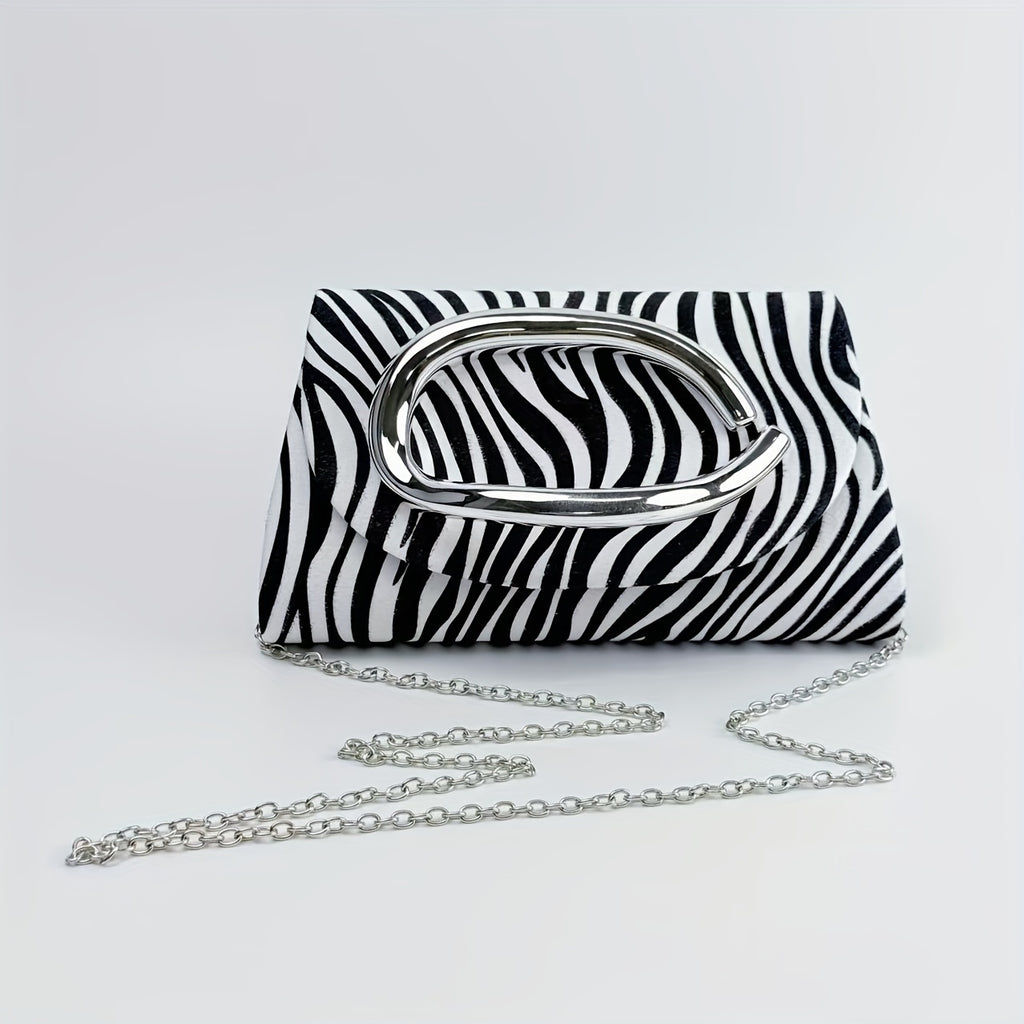 Women'S Elegant Evening Clutch Purse - Magnetic Closure & Detachable Chain Strap, Black & White Zebra Stripe Pattern, Corduroy Formal event bag for Parties, Weddings, Everyday - Luxury Party Handbag Gift for Women, Ladies Han