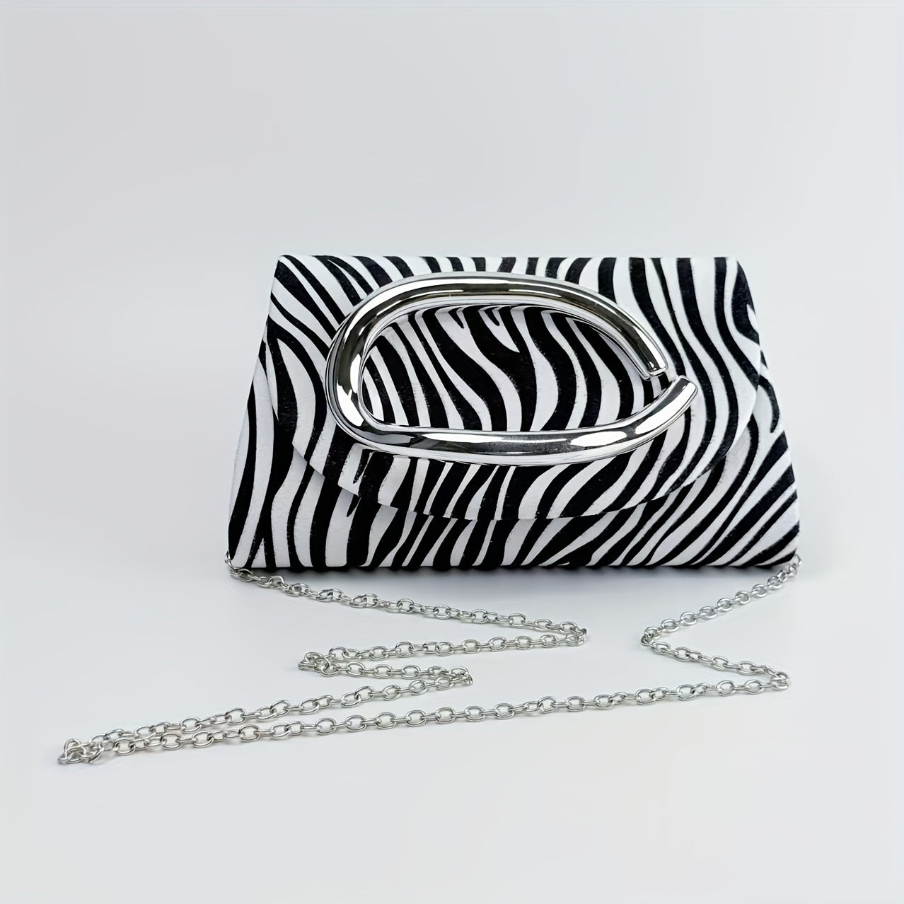 Women'S Elegant Evening Clutch Purse - Magnetic Closure & Detachable Chain Strap, Black & White Zebra Stripe Pattern, Corduroy Formal event bag for Parties, Weddings, Everyday - Luxury Party Handbag Gift for Women, Ladies Han