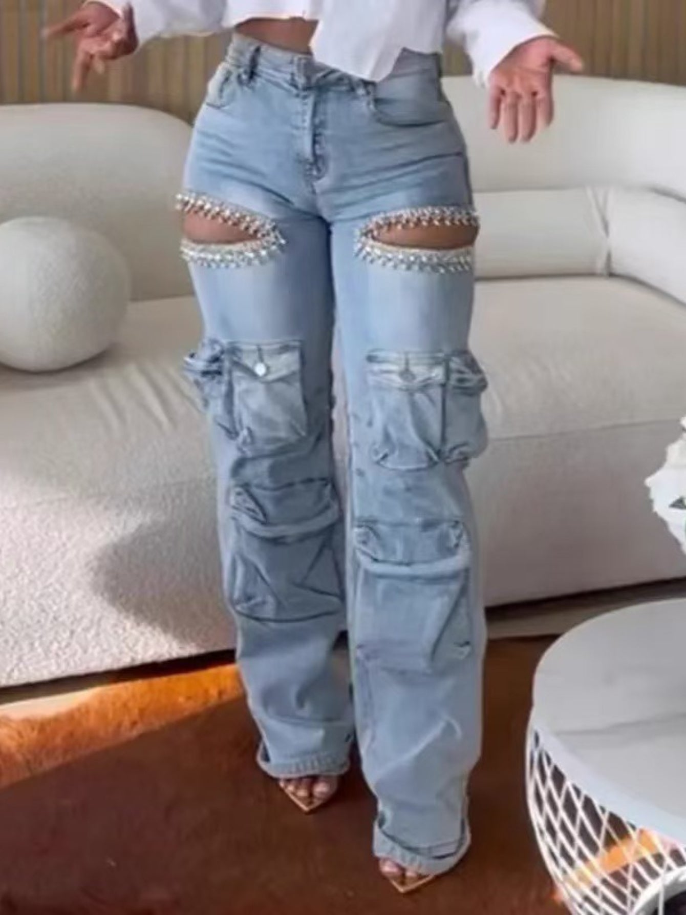 Slim-Fit Overalls Jeans with Hollow Diamond Embellishments & Multiple Pockets