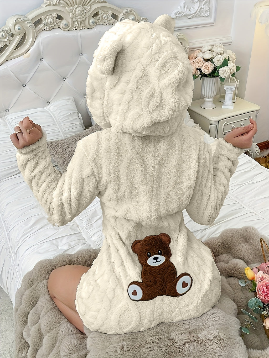Fleece Hooded Onesie with Bear Print & Zipper Closure