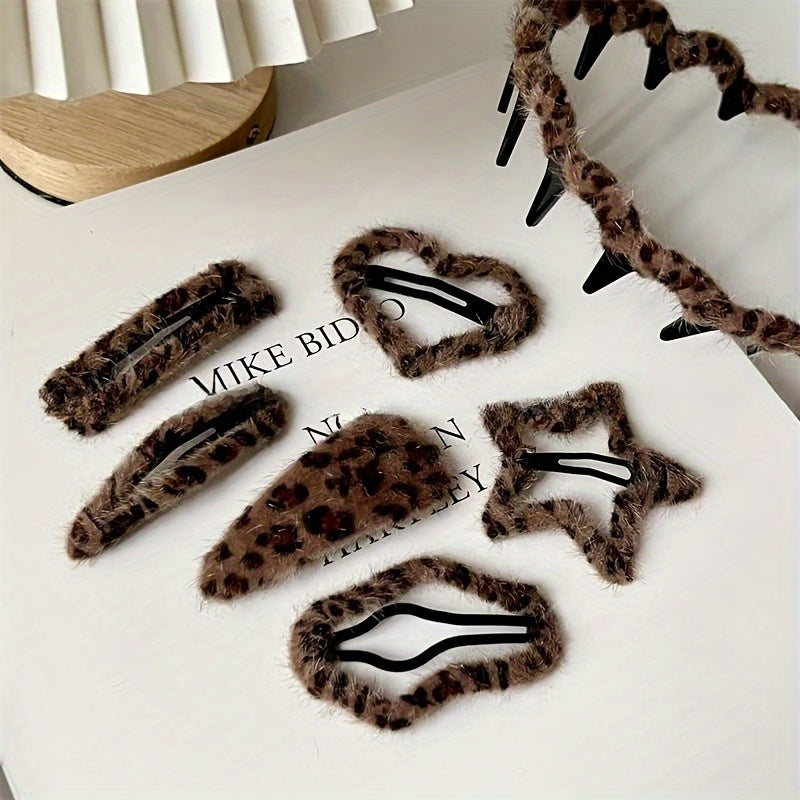 6pcs/7pcs/12pcs Mixed Set Vintage Leopard Print Hairband and Claw Clips