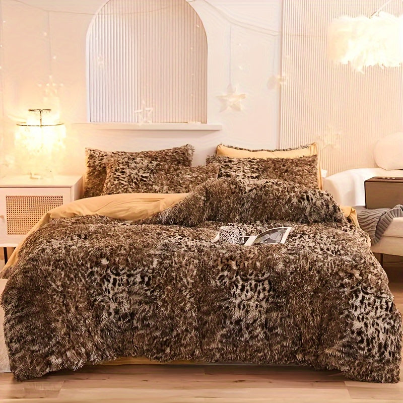{3pcs} Leopard Print Plush Duvet Cover Set, Includes 1 Faux Fur Duvet Cover And 2 Pillowcases