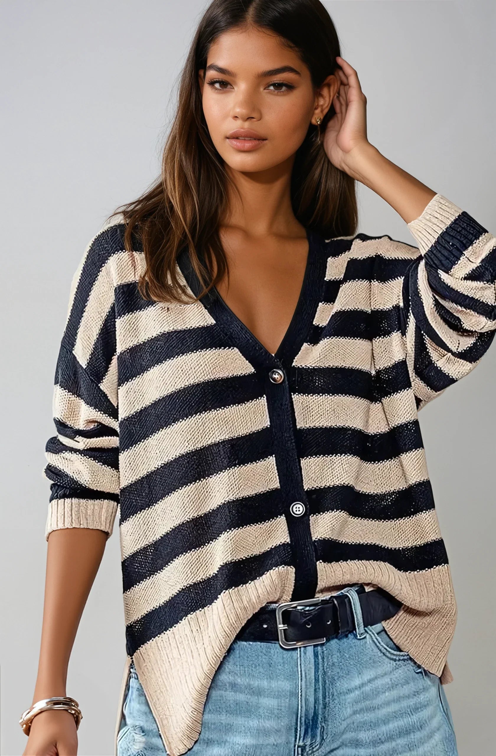 Coastal Muse Striped Knit Cardigan – Navy & Cream