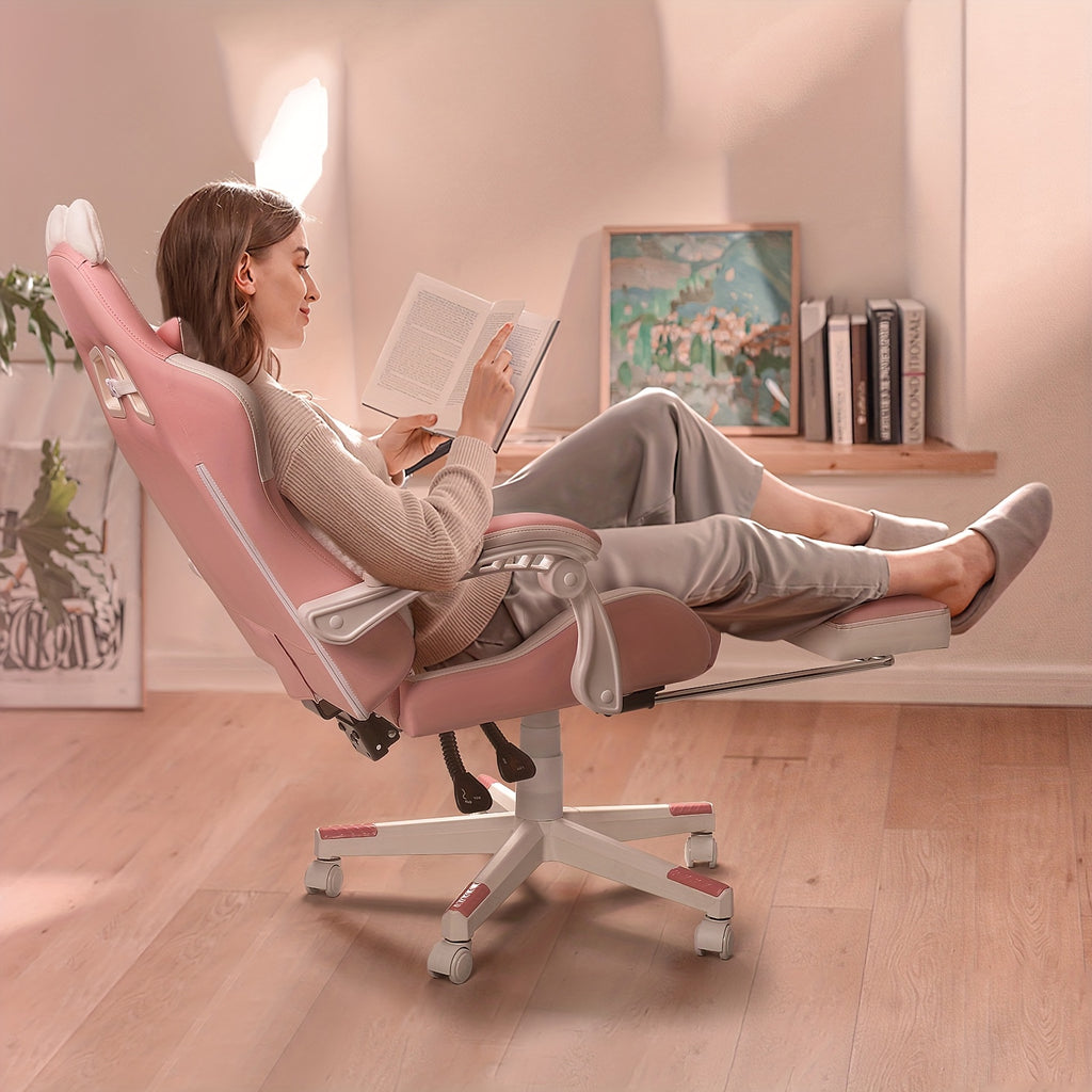 Pink Kawaii Cat Ear Gaming Chair with Paw Cushion