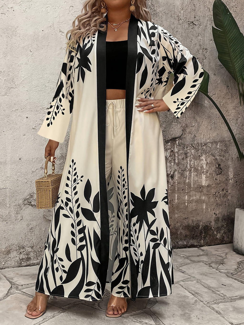 Tropical Leaf Print Maxi Coat & Wide-Leg Pants Set