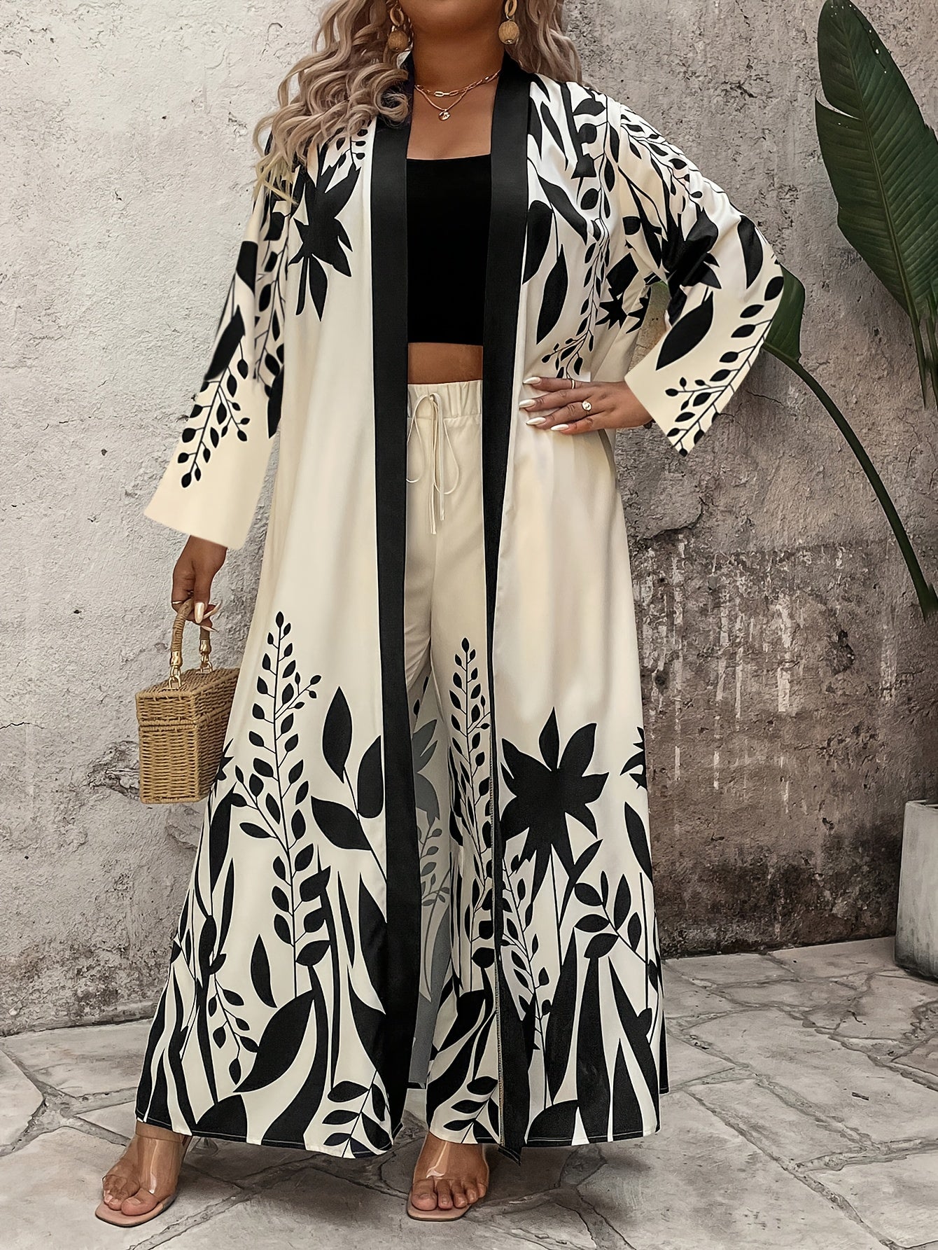 Tropical Leaf Print Maxi Coat & Wide-Leg Pants Set