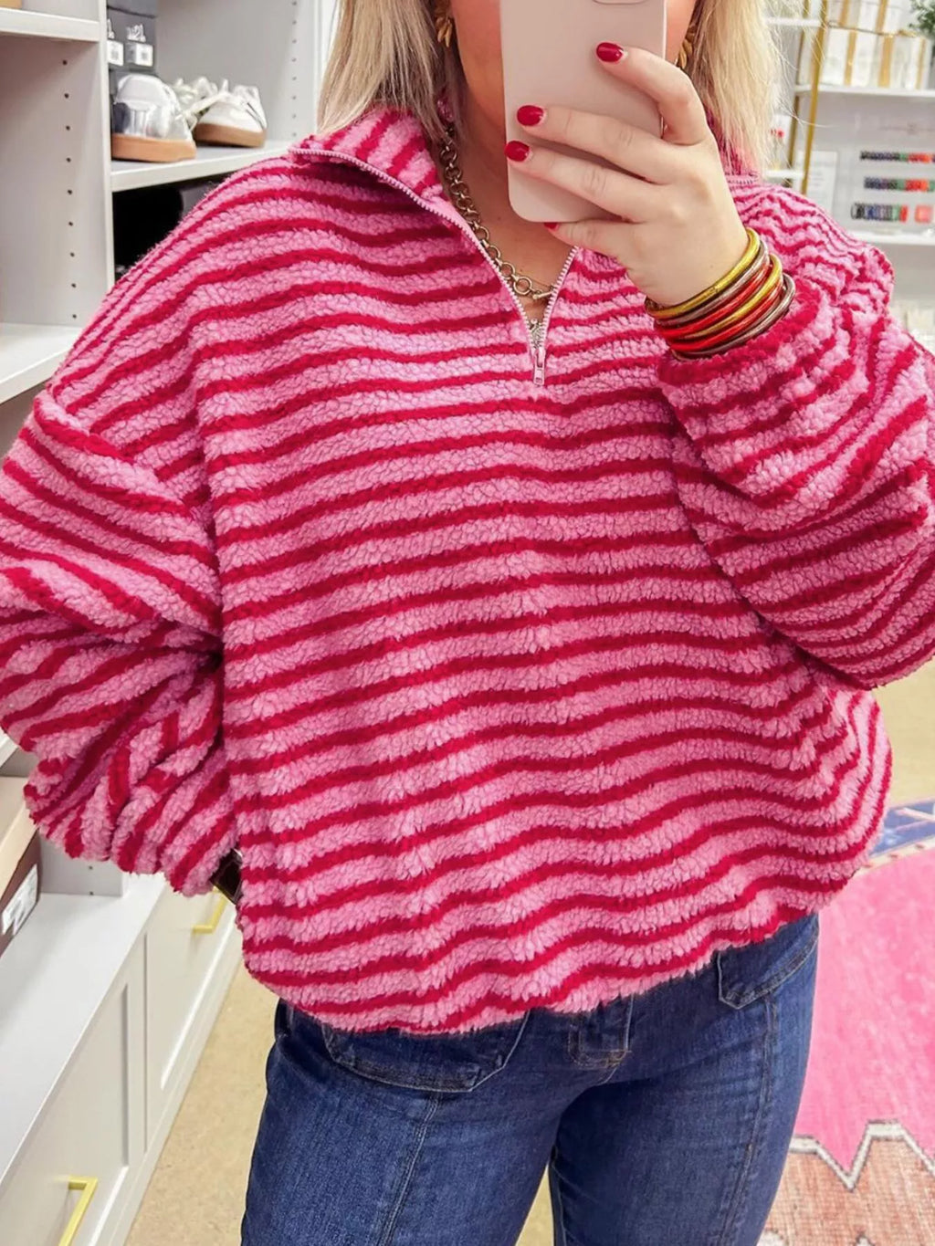 Striped Quarter-Zip Fleece Sweatshirt