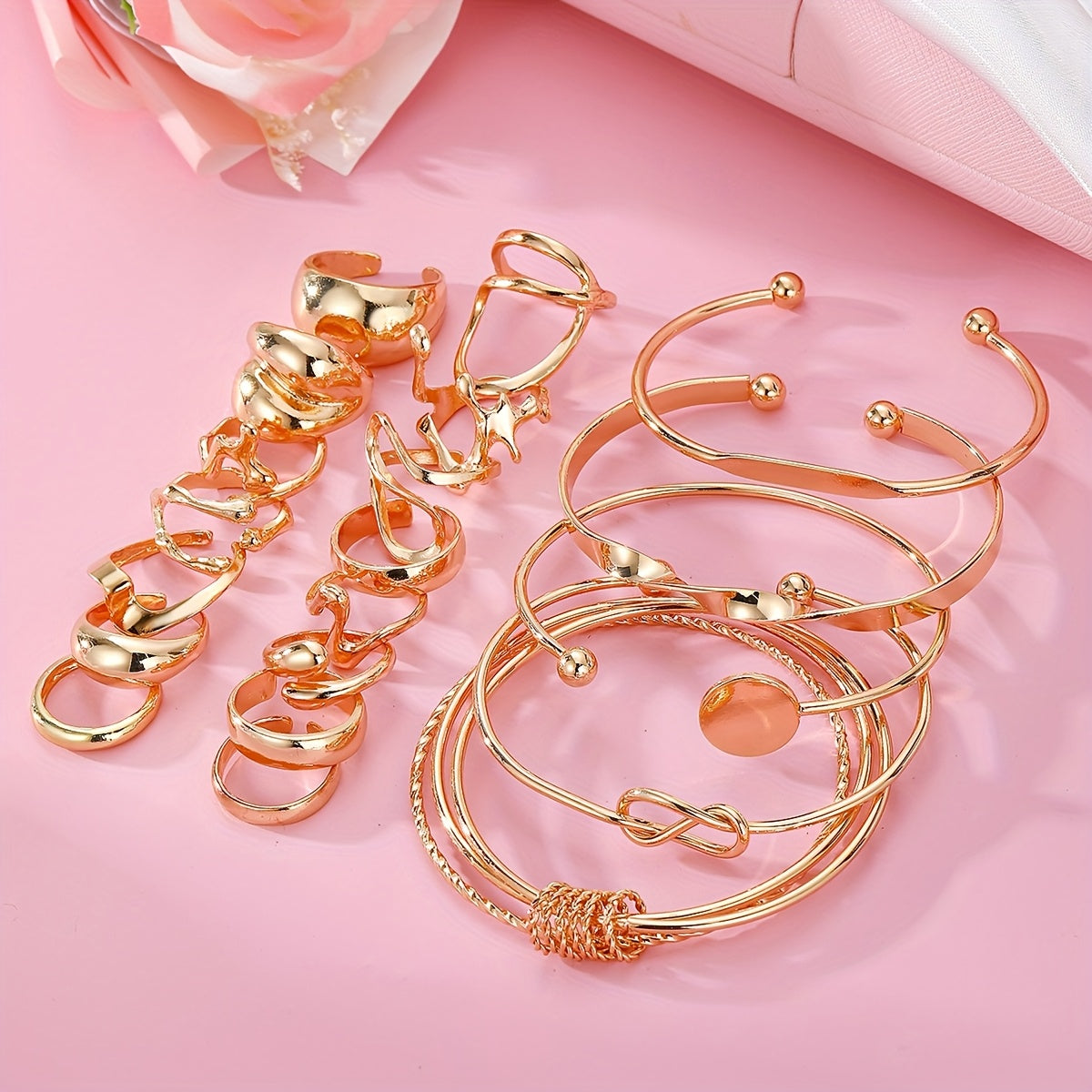 20pcs Set (5 Bracelets + 15 Rings) Jewelry Kit with Irregular Shaped Rings and Stylish Open-End Bracelets