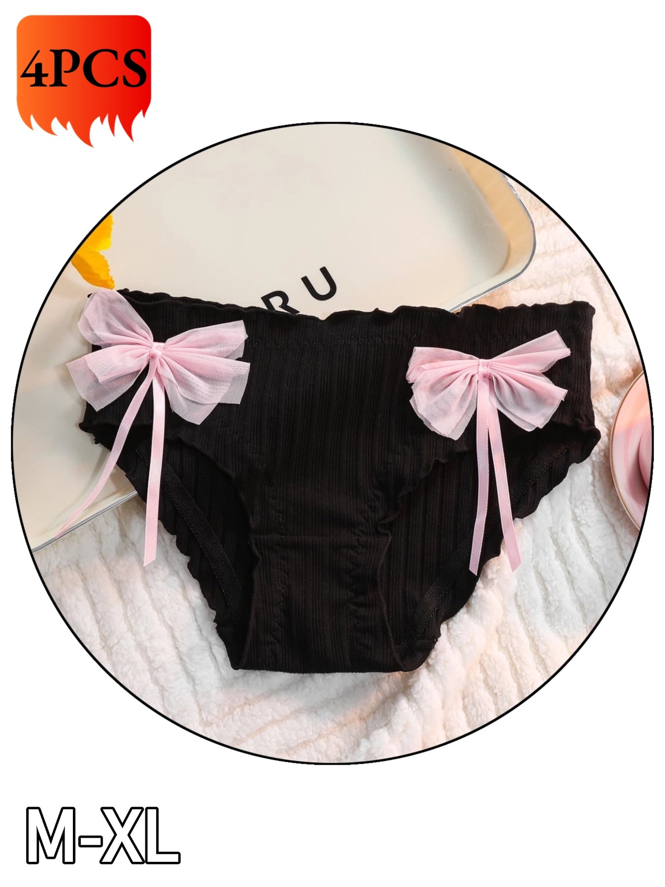 4 Black Pink Comfortable Underwear with Mid Waist Thread Bow
