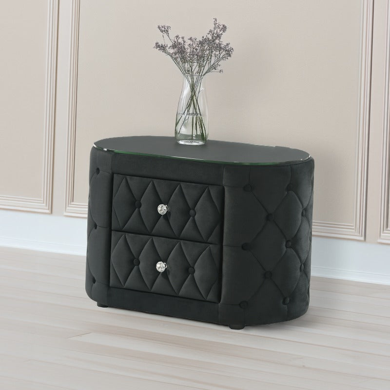 1pc Luxurious Oval Nightstand with Plush Upholstery, 8mm Tempered Glass Top & Two Storage Drawers - Elegant Black Finish, Rounded Sides & Sparkling Knobs - Modern Bedside Furniture with Tufted-Like Headboard Design, No Assemb