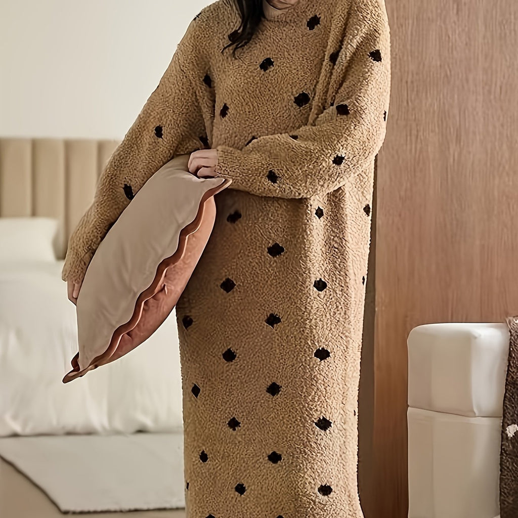 [Striped Pajama Dress] Women's Long Wave Dot Pajama Nightdress - High-Stretch Winter Sleepwear with Round Neck, Floor-Length Soft Brown & Black Horizontal Striped Design, Machine Washable Cozy Lounge Dress for Adults, Comfort
