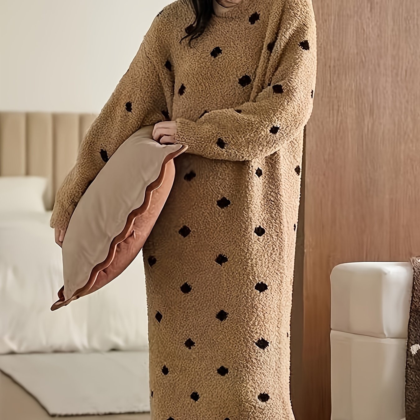 [Striped Pajama Dress] Women's Long Wave Dot Pajama Nightdress - High-Stretch Winter Sleepwear with Round Neck, Floor-Length Soft Brown & Black Horizontal Striped Design, Machine Washable Cozy Lounge Dress for Adults, Comfort