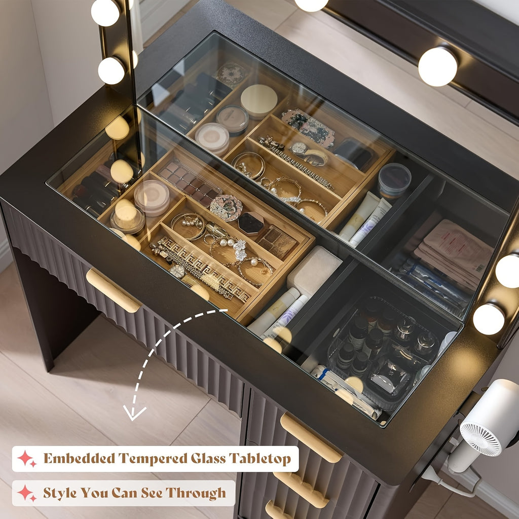 Fluted Vanity Desk With Large Mirror