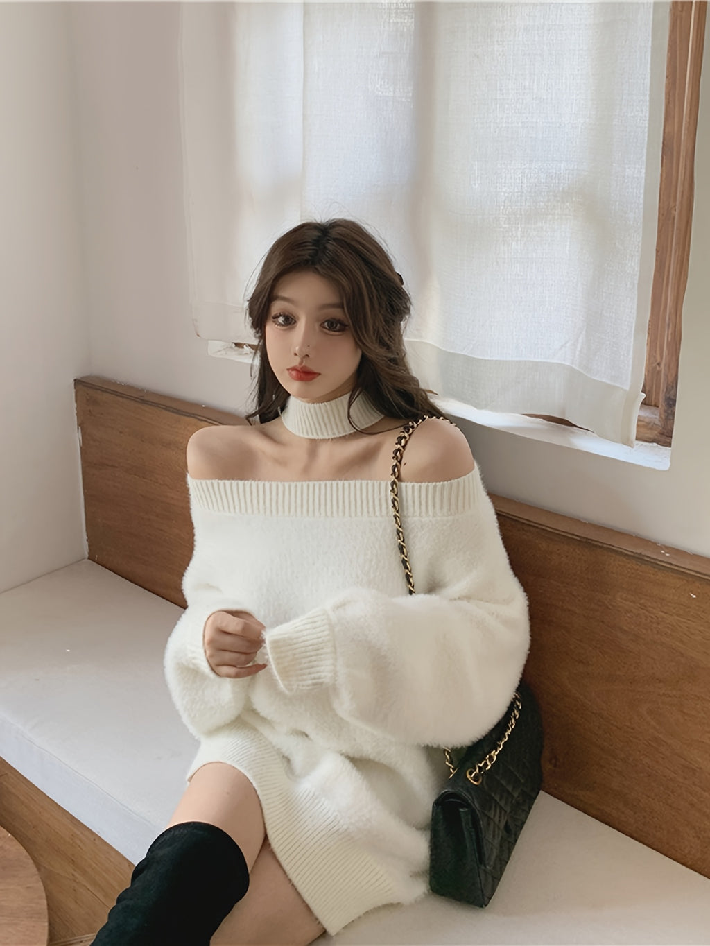 Women's Autumn Sweater, Winter Women Clothing Soft Warm Knit Pullover Fashion Korean Style Off-Shoulder Top