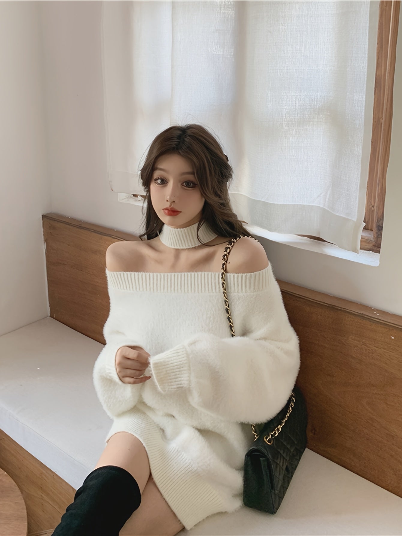 Women's Autumn Sweater, Winter Women Clothing Soft Warm Knit Pullover Fashion Korean Style Off-Shoulder Top
