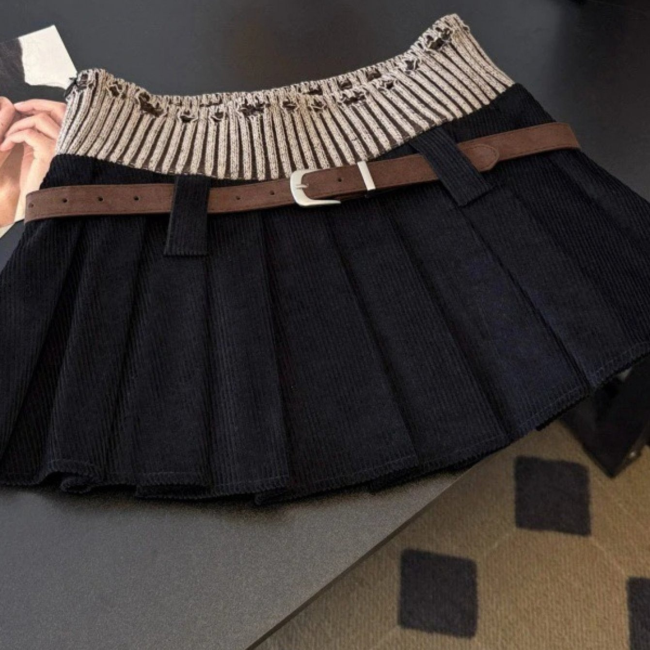 Paneled High Waist Pleated Mini Skirt