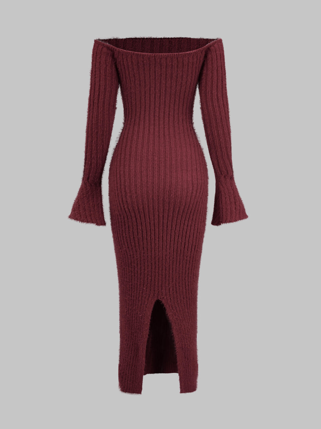 Off-the-Shoulder Burgundy Fuzzy Bodycon Dress