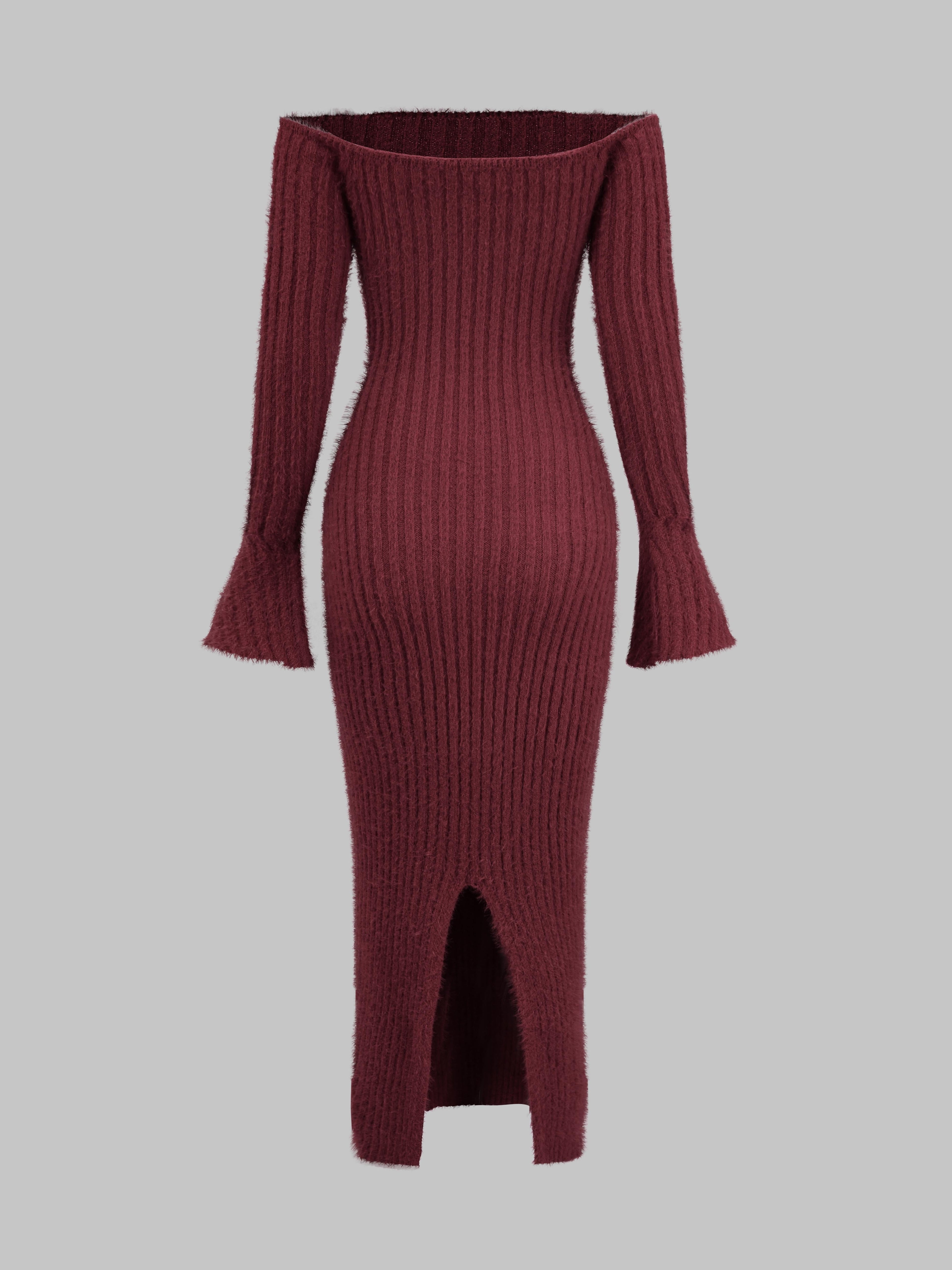 Off-the-Shoulder Burgundy Fuzzy Bodycon Dress
