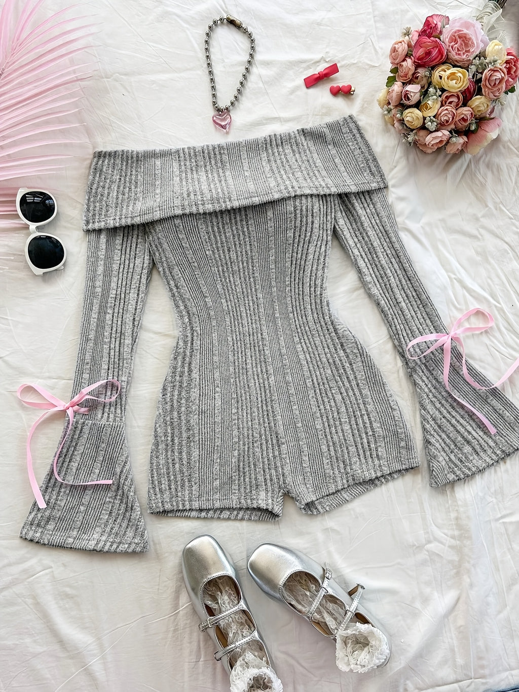 Knitted Ribbed Solid Color Flared Long Sleeve Slim Jumpsuit