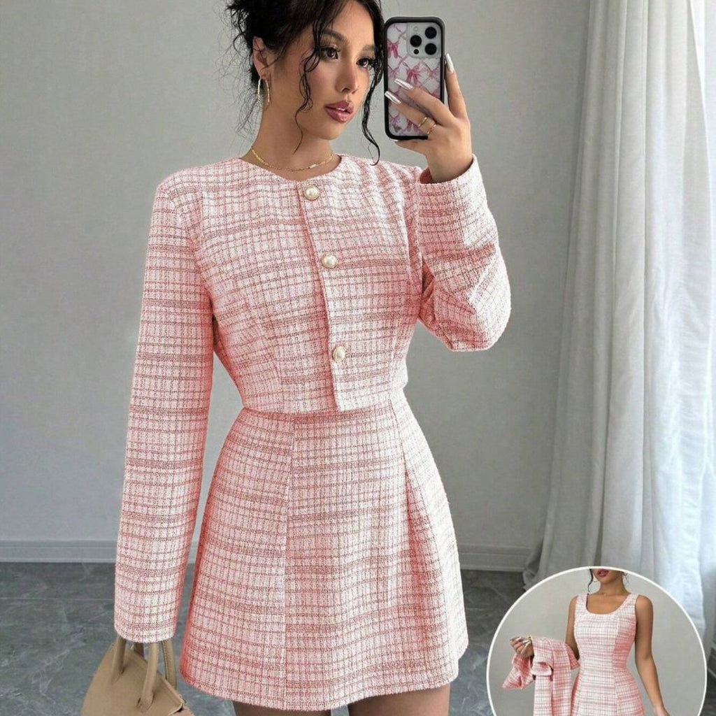 Women'S Fall/Winter Fashionable Elegant Dress Two- Piece Set- Single- Breasted Short Coat+ French Retro Tweed Dress