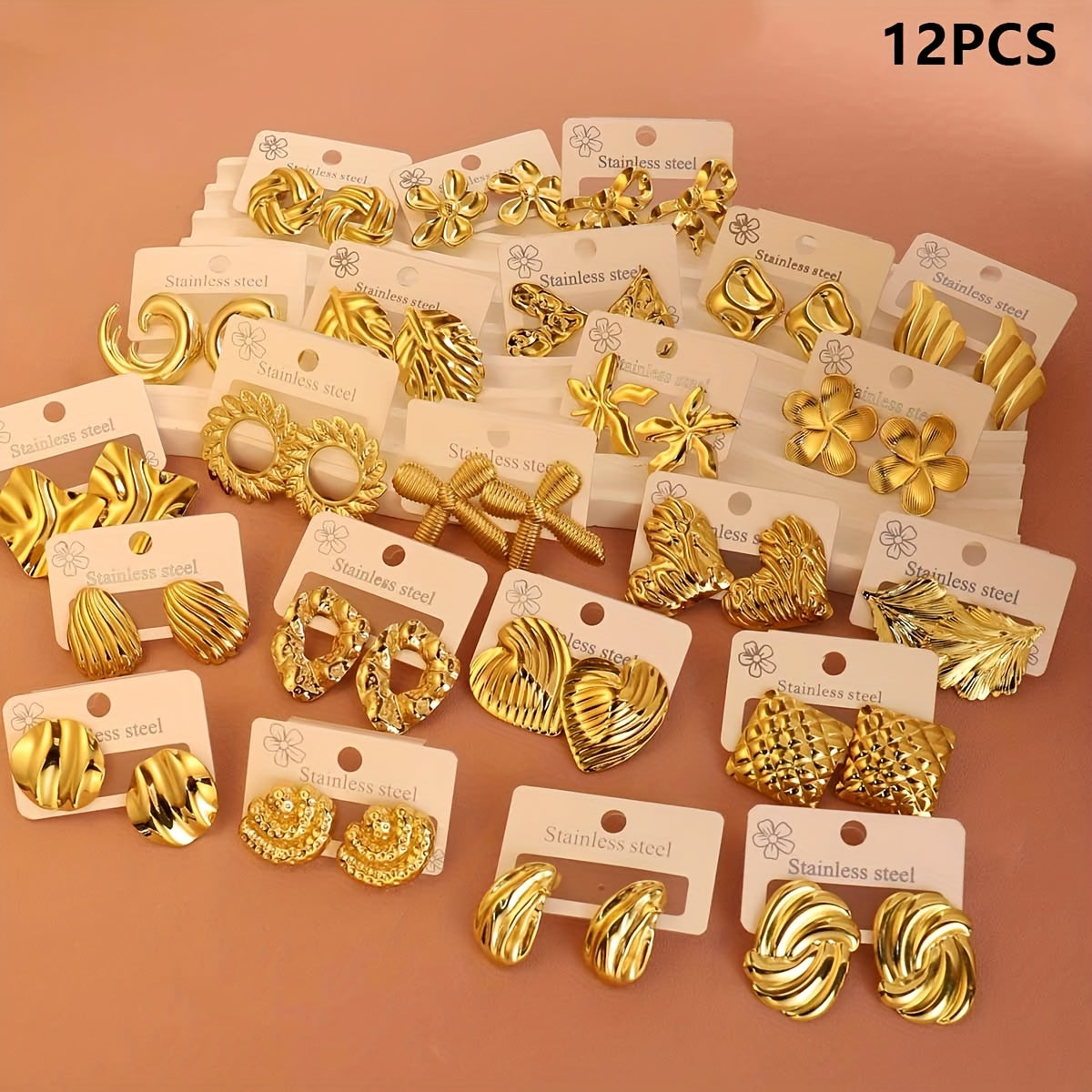 12pcs/Set or 18pcs/Set Stainless Steel Golden Heart/Leaf/Wing Earrings