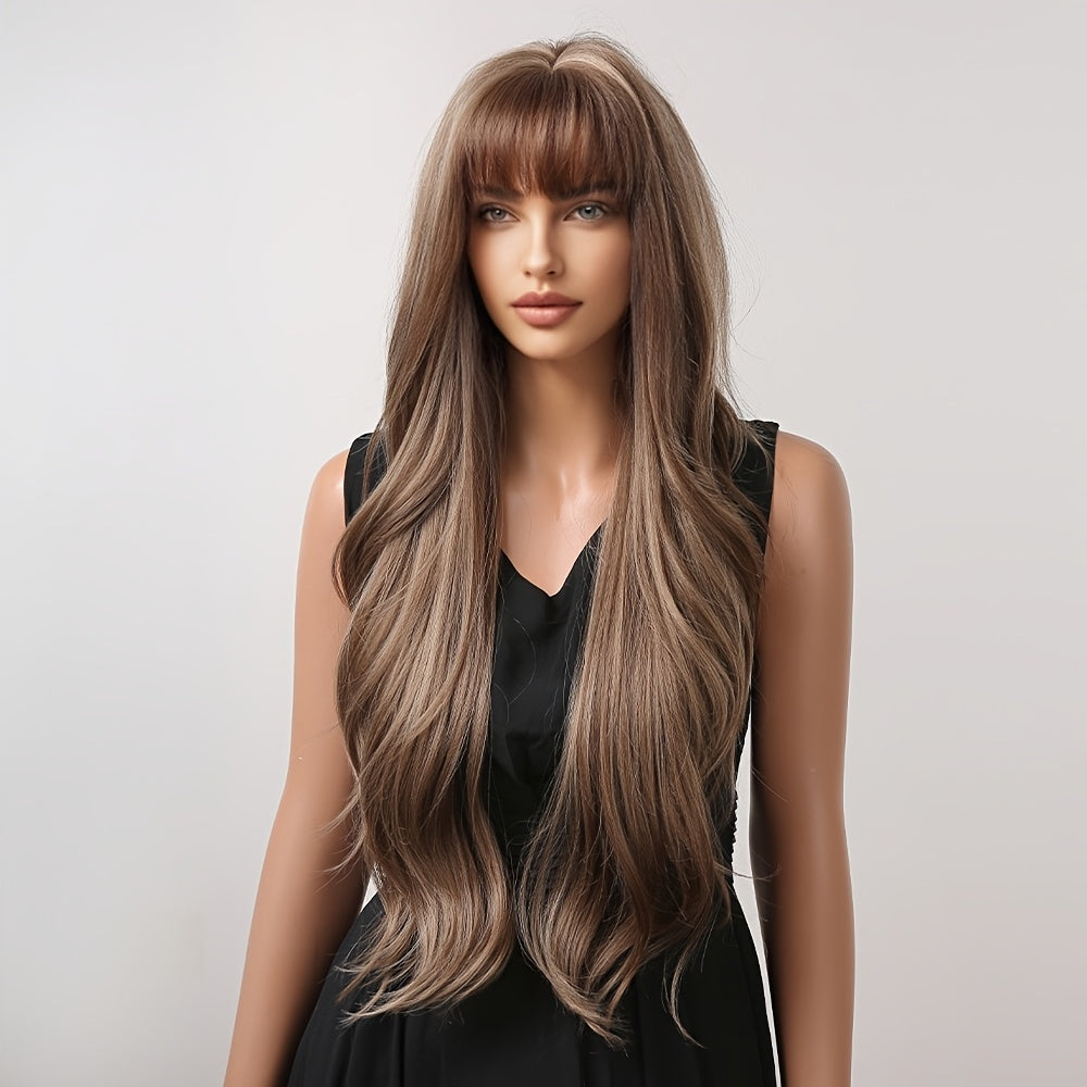 30 Inch Ladies Elegant Gradient Brown Long Curly Wig With Bangs